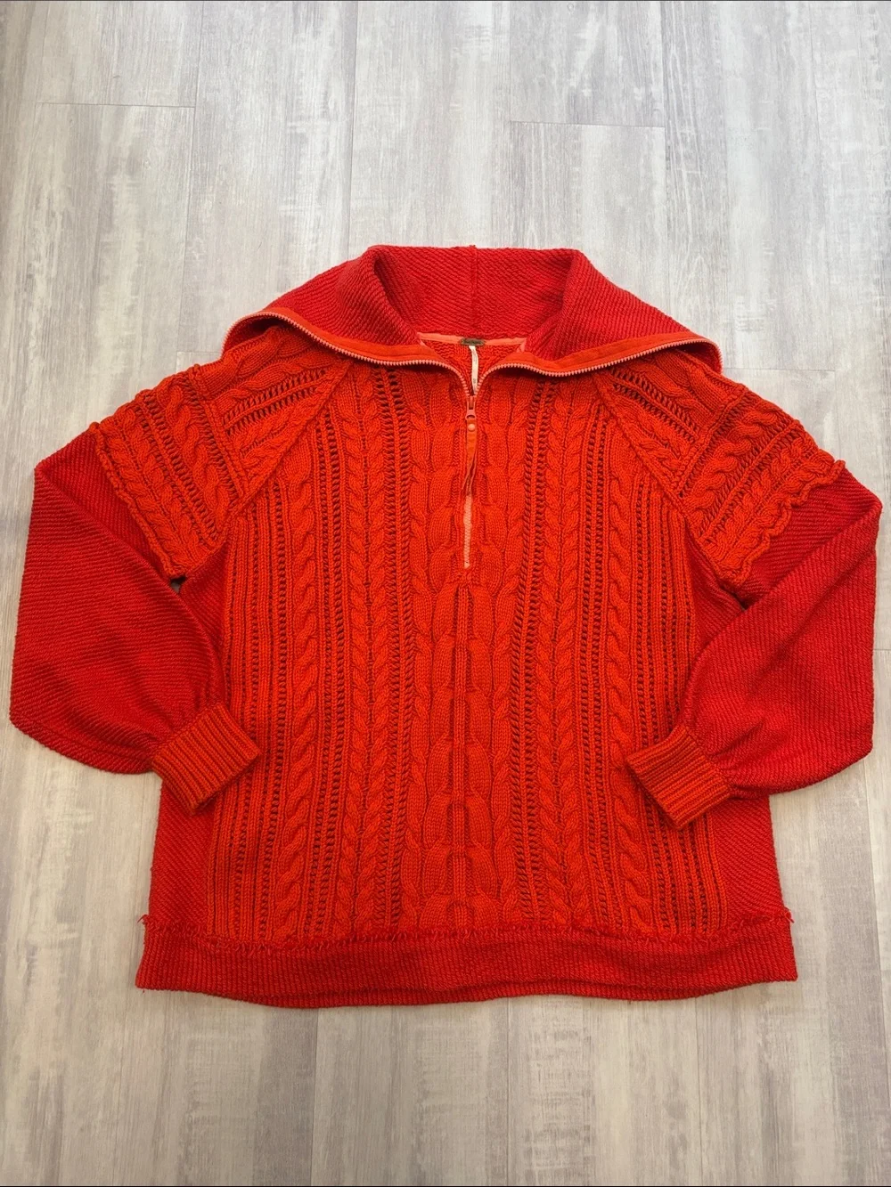 Free People Red Cable-Knit Half-Zip Turtleneck Sweater Wool Cotton